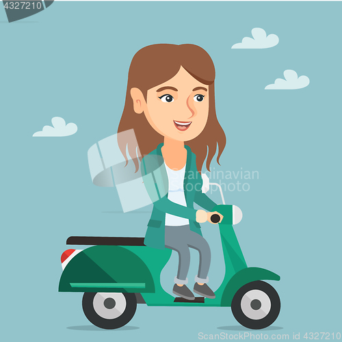 Image of Young caucasian woman riding a scooter.