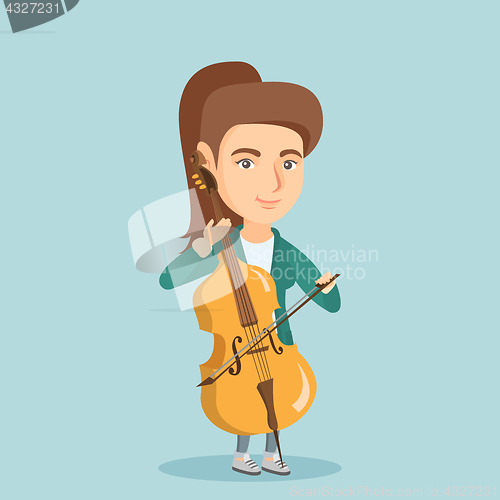 Image of Young caucasian woman playing the cello.