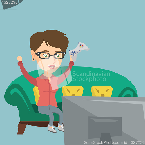 Image of Young caucasian woman playing video game.
