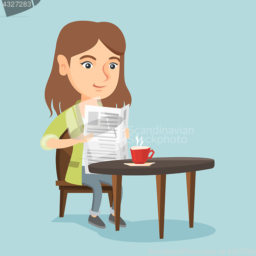 Image of Woman reading a newspaper and drinking coffee.