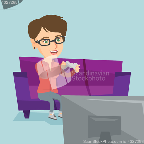 Image of Young caucasian woman playing video game.