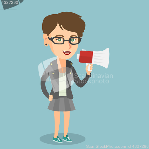 Image of Caucasian woman promoter speaking into megaphone.