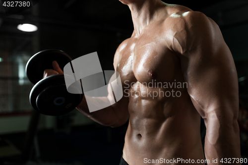 Image of close up of man with dumbbells exercising in gym