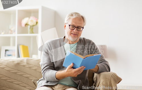 Image of senior man on sofa reading book at home