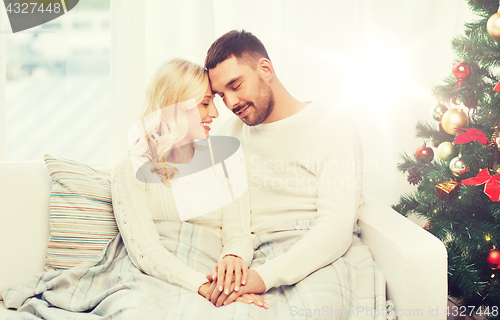 Image of happy couple covered with plaid on sofa at home