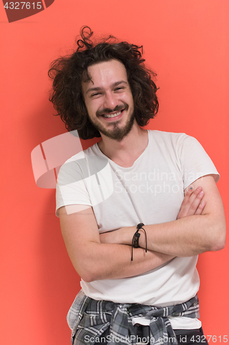 Image of young man with funny hair over color background