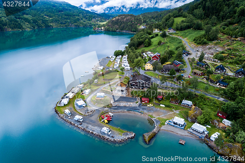 Image of Beautiful Nature Norway Aerial view of the campsite to relax.