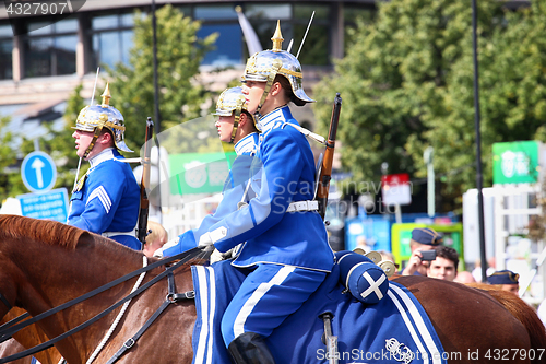 Image of STOCKHOLM, SWEDEN - AUGUST 20, 2016: Swedish Royal Guards on hor