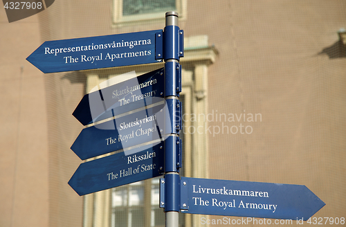 Image of STOCKHOLM, SWEDEN - AUGUST 19, 2016: Tourist signpost street ind