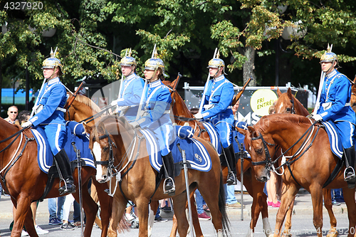 Image of STOCKHOLM, SWEDEN - AUGUST 20, 2016: Swedish Royal Guards on hor