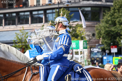 Image of STOCKHOLM, SWEDEN - AUGUST 20, 2016: Swedish Royal Guards on hor