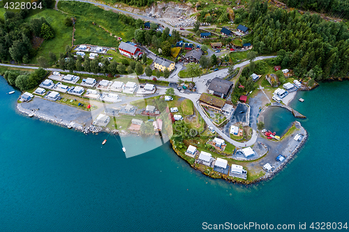 Image of Beautiful Nature Norway Aerial view of the campsite to relax.