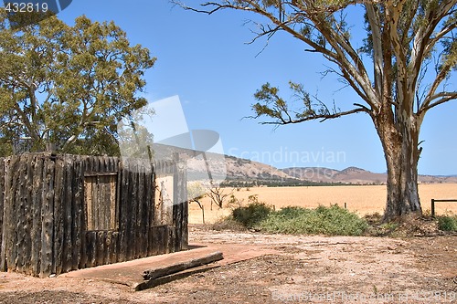 Image of wooden ruins and tree