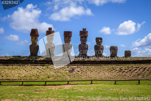 Image of Moais statues site ahu Nao Nao on anakena beach, easter island