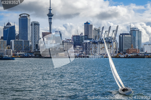 Image of Auckland view from the sea and sailing ship, New Zealand