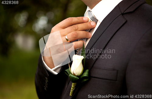 Image of The groom in a suit, corrects a tie with his hand.