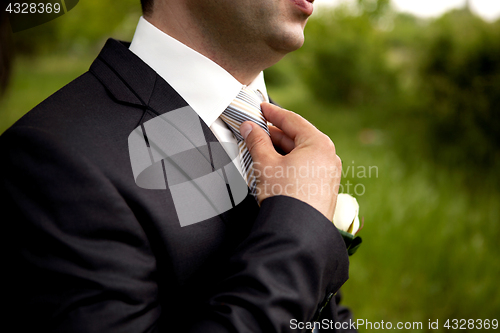 Image of The groom in a suit, corrects a tie with his hand.