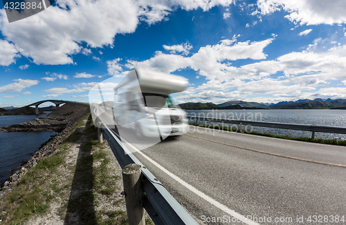 Image of Norway. Caravan car travels on the highway.