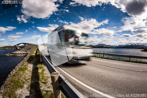 Image of Norway. Caravan car travels on the highway.