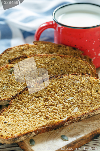 Image of Slices of pumpkin bread and a mug of milk.