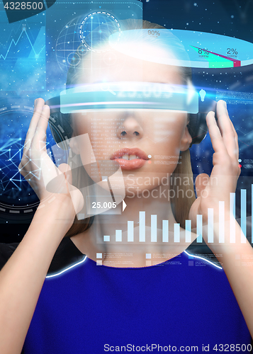 Image of woman in virtual reality 3d glasses with charts