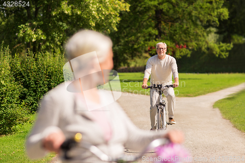 Image of happy senior couple riding bicycles at summer park