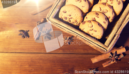 Image of close up of oat cookies on wooden table
