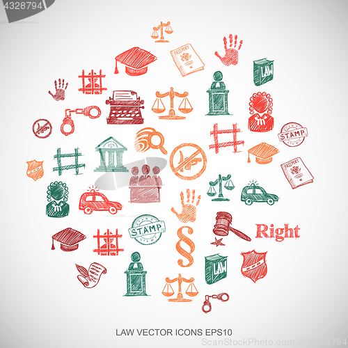 Image of Multicolor doodles Hand Drawn Law Icons set on White. EPS10 vector illustration.