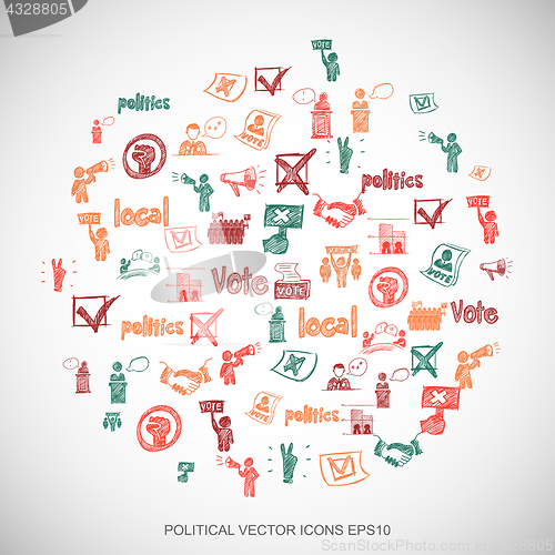 Image of Multicolor doodles Hand Drawn Politics Icons set on White. EPS10 vector illustration.