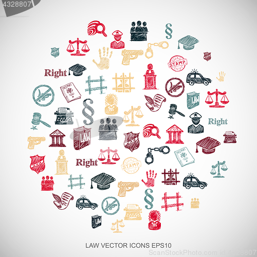 Image of Multicolor doodles Hand Drawn Law Icons set on White. EPS10 vector illustration.