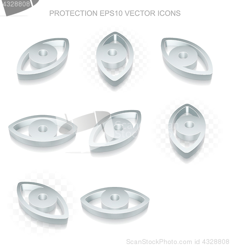 Image of Security icons set: different views of metallic Eye, transparent shadow, EPS 10 vector.