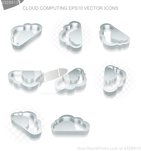 Image of Cloud networking icons set: different views of metallic Cloud, transparent shadow, EPS 10 vector.