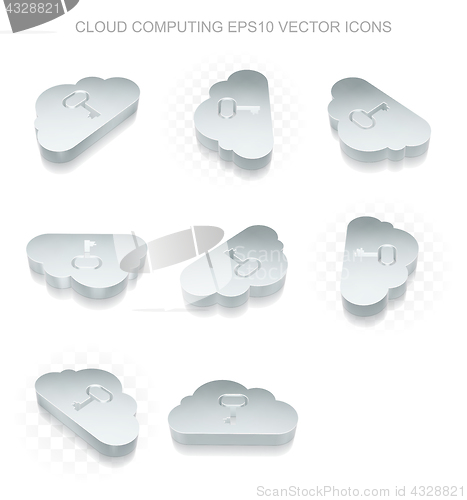 Image of Cloud networking icons set: different views of metallic Cloud With Key, transparent shadow, EPS 10 vector.