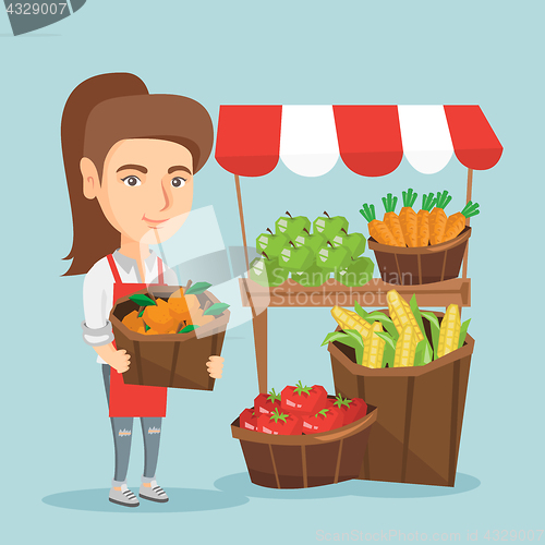 Image of Caucasian street seller with fruits and vegetables