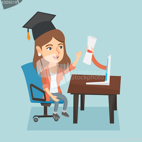 Image of Young graduate getting diploma from the computer.
