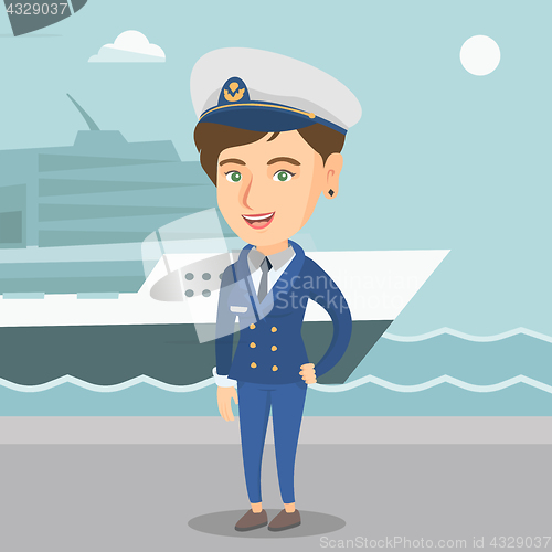 Image of Caucasian ship captain in uniform at the port.