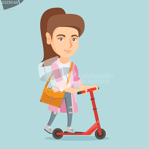 Image of Young caucasian business woman riding kick scooter