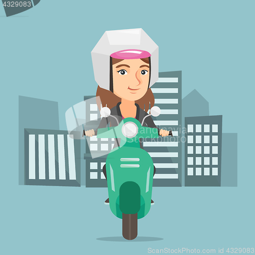 Image of Young caucasian woman riding a scooter.