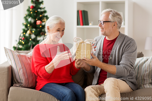 Image of happy smiling senior couple with christmas gift