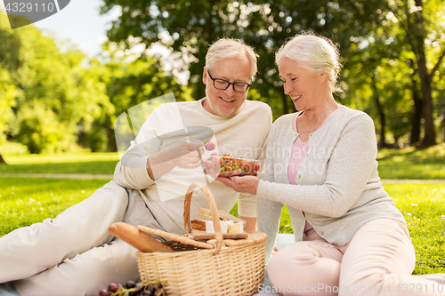 Image of senior couple with strawberries at picnic in park