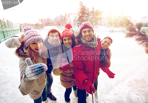 Image of happy friends with smartphone on ice skating rink