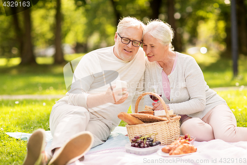 Image of senior couple with smartphone at picnic in park
