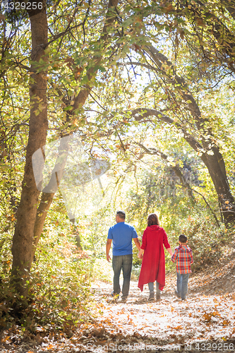 Image of Mixed Race Caucasian and Hispanic Family Taking a Walk At The Pa