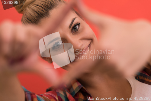 Image of young woman over color background