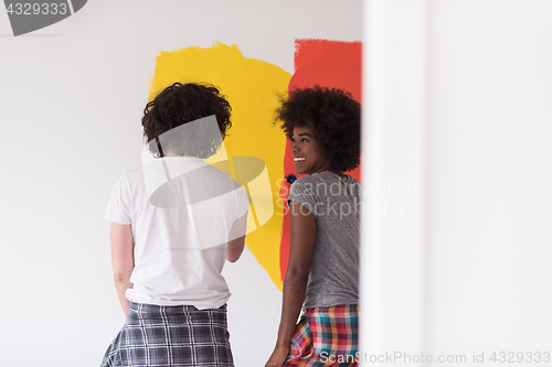 Image of multiethnic couple painting interior wall