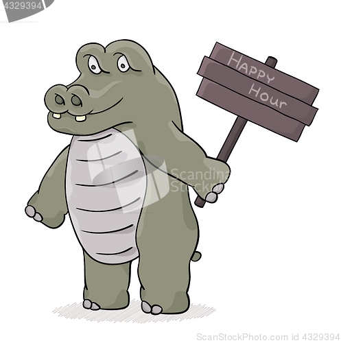 Image of hippopotamus with happy hour sign