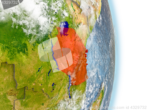 Image of Tanzania in red on Earth