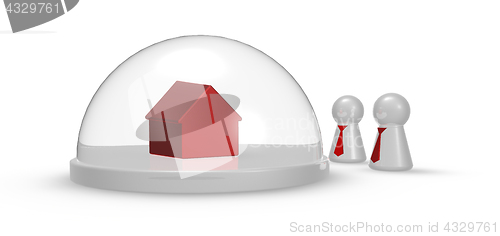 Image of play figures with tie and house model under glass dome - 3d illustration
