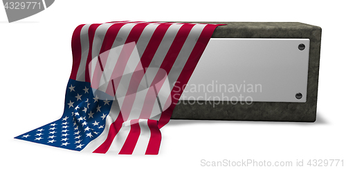 Image of stone socket with blank sign and flag of usa - 3d rendering