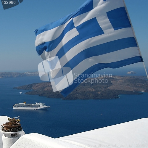 Image of Greek flag and the sea, Santorini